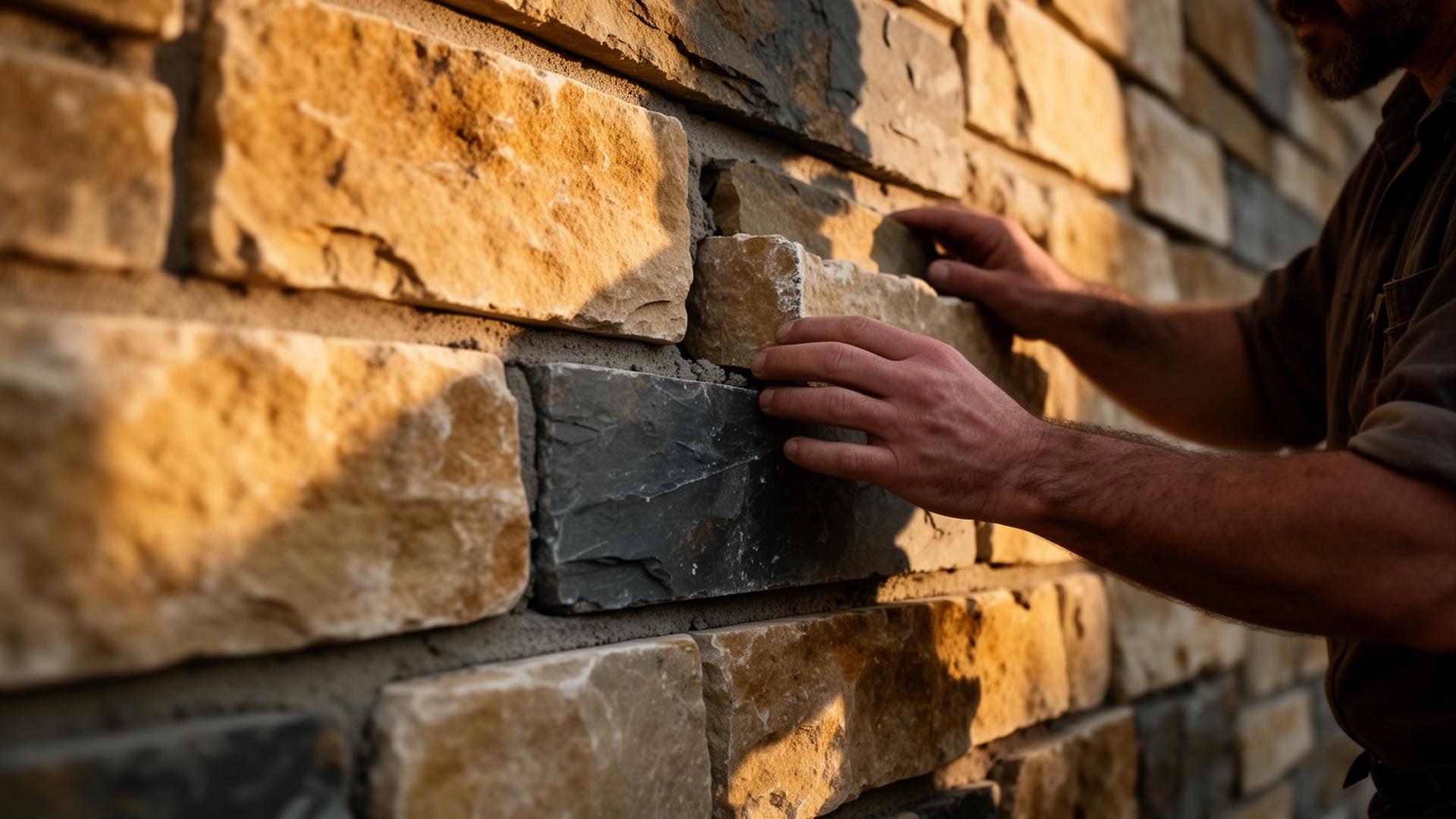 Craftsman setting stone in a freshly built wall